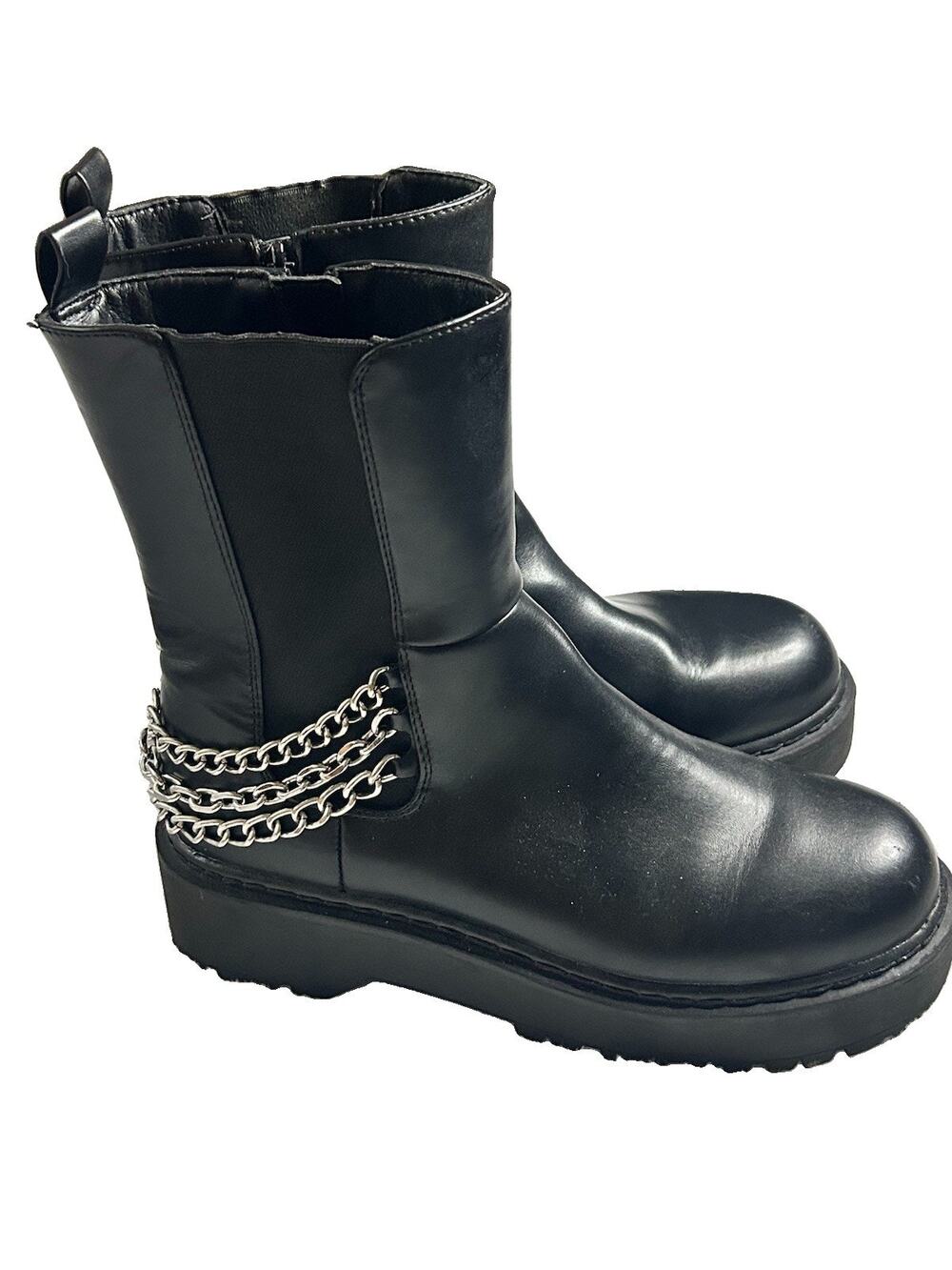 Wild Pair RockSann Black Chain Accented Lug Sole Boots, 8.5
